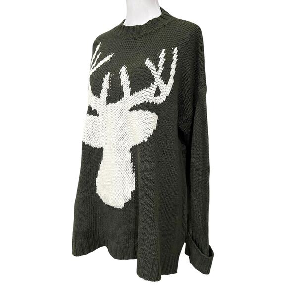 Show Me Your Mumu Sweater Women’s Green Varsity Chai Deer Knit Pullover Sz M - Picture 2 of 7